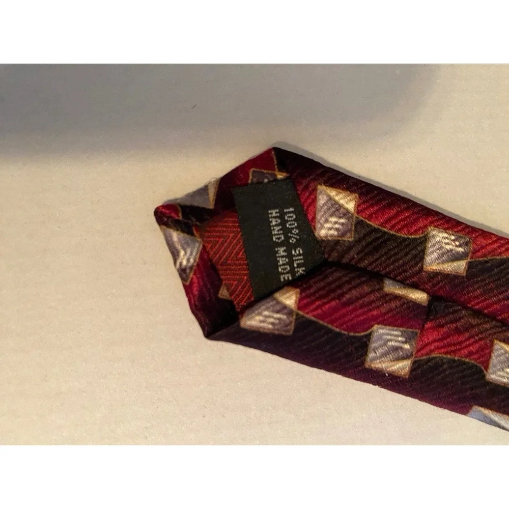 Antonia Collection Mens Silk‎ Tie Burgundy Black Geometric Square Pattern Hand